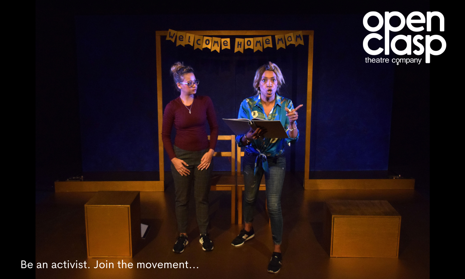 Two women on a stage. Woman on the right is holding an open book. Text bottom left says 'Be an activist. Join the movement.'